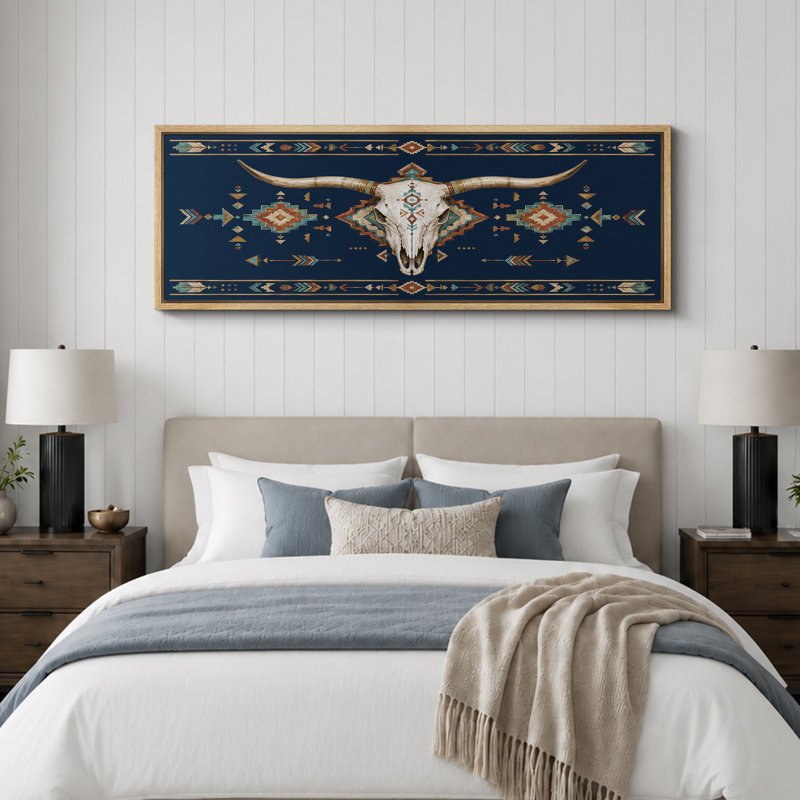 «Southwestern Bull Skull Boho Western Rustic Room Decor Extra Large», reproduction d'art sur toile encadrée, Naturel