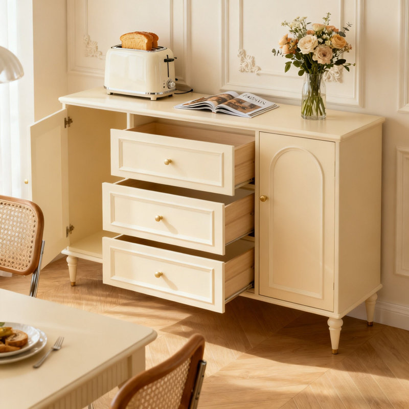 Buffet de rangement de style français de couleur crème, H 35,43 po x l 62,99 po x P 15,74 po