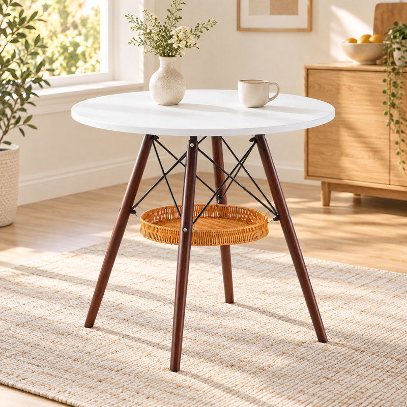 Table de salle à manger ronde moderne en bois massif de 80 cm (31,5 po), couleur noyer, avec rangement, White / Walnut Legs