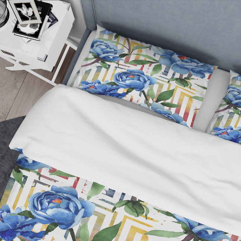 Ensemble de housse de couette à style mid-century à motif floral rétro, Housse simple + 1 taie décorative