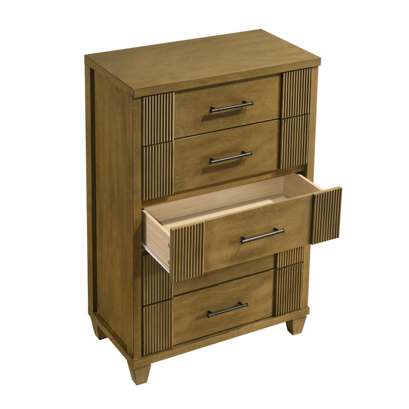 Shalyce Mid-Century Modern 28.7" W Solid Wood 5 Drawer Chest, Antique Oak
