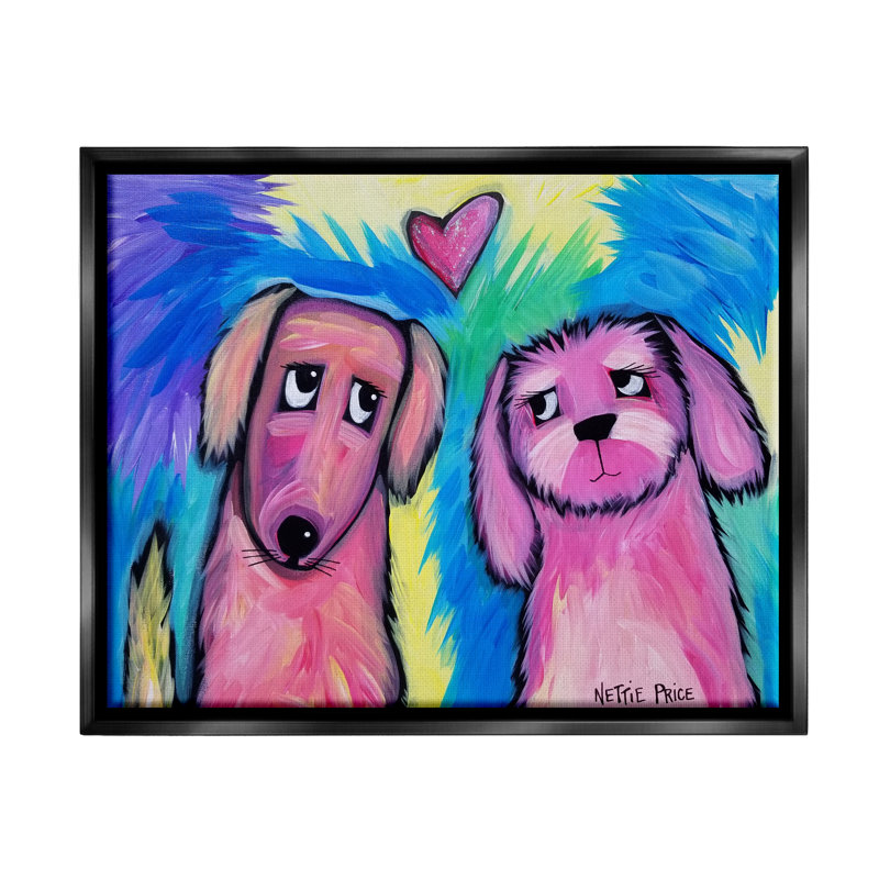 «Abstract Dog Friends» par Nettie Price, H 25 po x l 31 po x P 1,7 po, Cadre flottant noir de jais