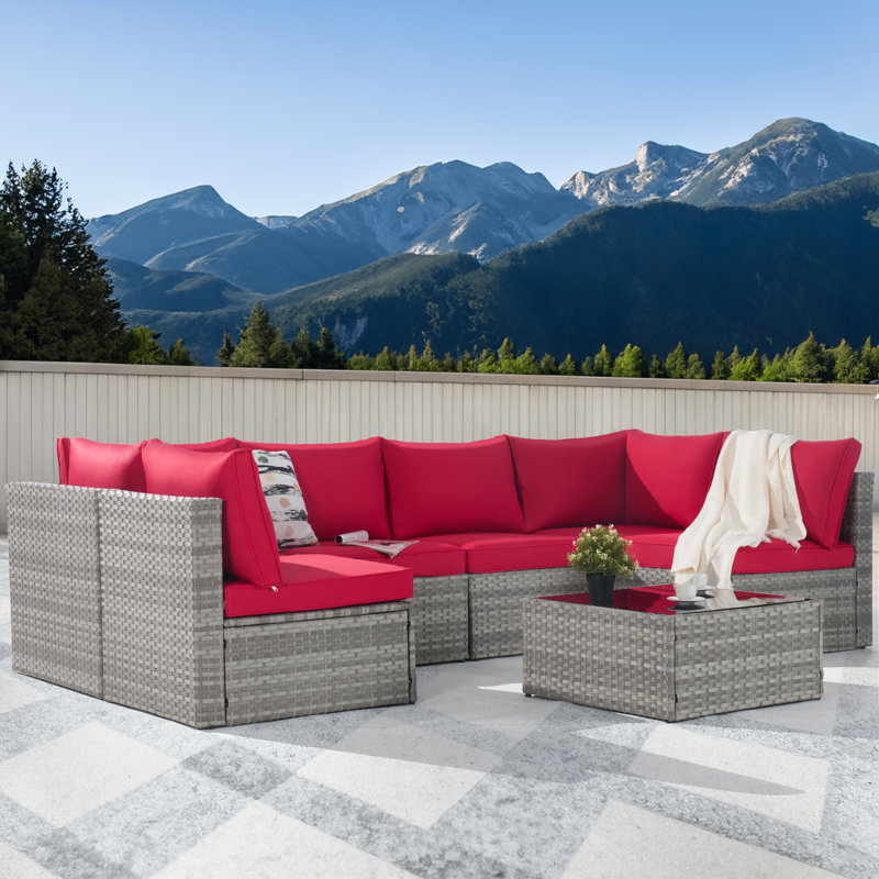 Wicker 6 - Person Patio Conversation Set with Cushions, Gray, Red