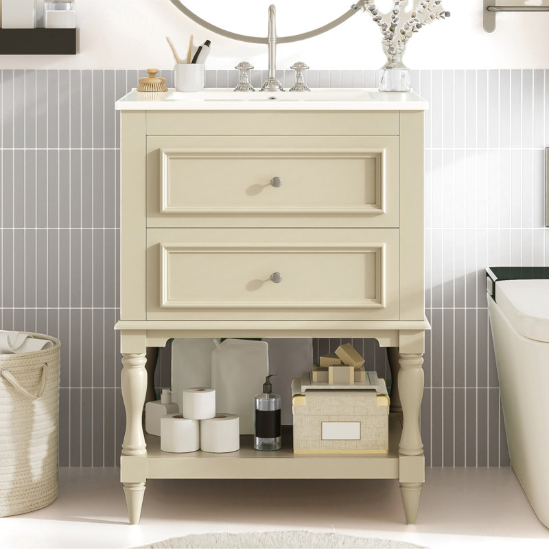 Meuble-lavabo 24 po Retro Design - Lavabo en céramique avec tablette ouverte et 2 tiroirs, style rétro Palace, Beige