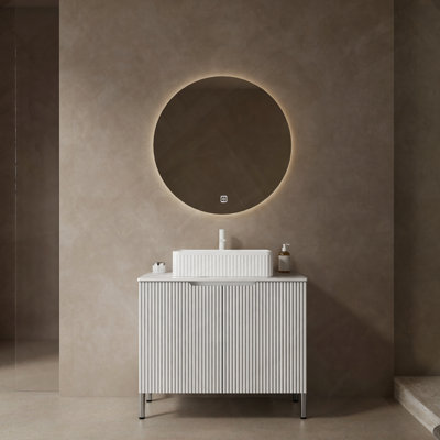 Freestanding Bathroom Vanity With Ceramic Basin Carrara Counter Top Two Doors Soft Close Damper