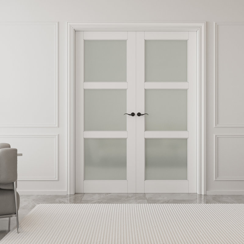 Porte intérieure double en verre massif givré 3-Lite, 56 po x 96 po, Quincaillerie noire