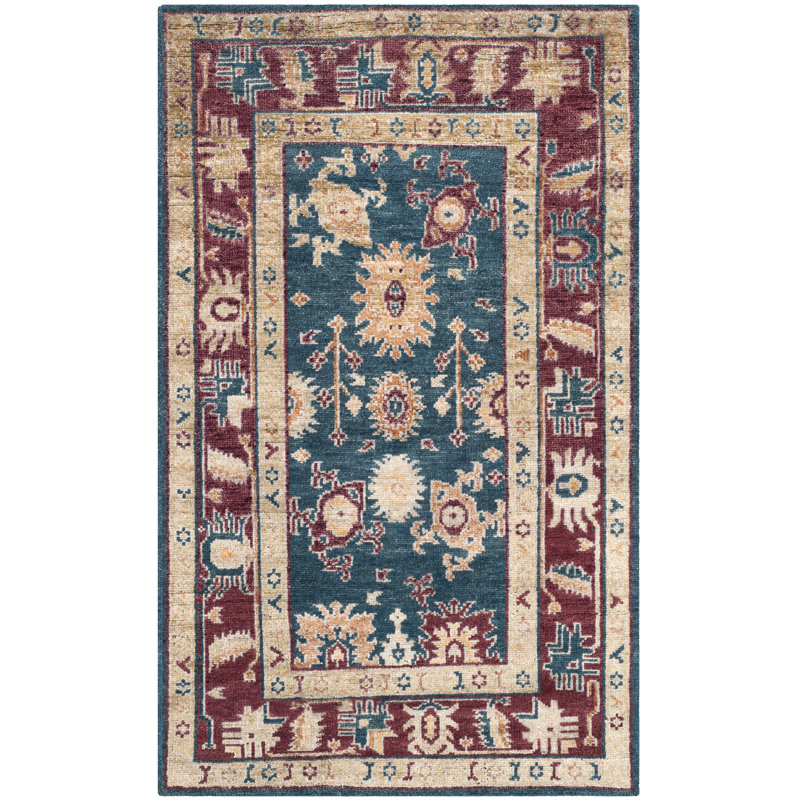 Tapis bleu / rouge en soie / coton noué à la main Hacienda, Rectangle 4 pi x 6 pi