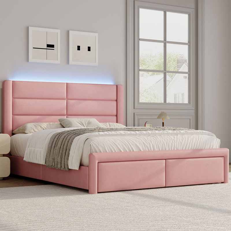 Modern Faux Leather Bed Frame with Upholstered Headboard and LED Lights, Full, Pink