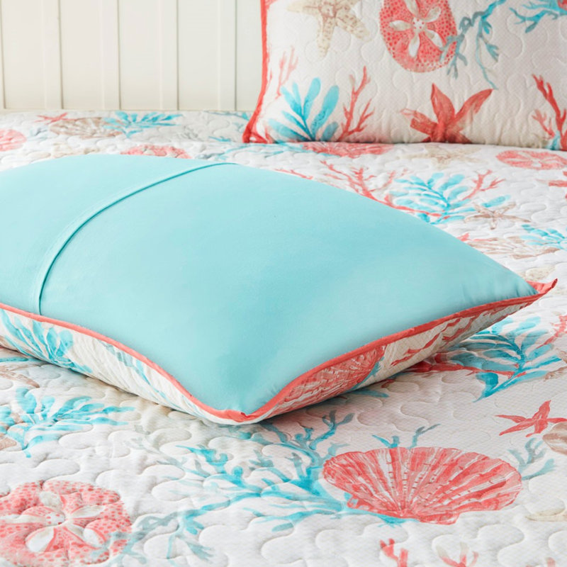 Courtepointe 6 pièces avec coussins décoratifs, corail double / grand, coquillages imprimés et étoiles de mer, tissu doux au revers, vermicelle, broderie côtière, coquilles de literie en coton lavables à la machine, matériau mélangé