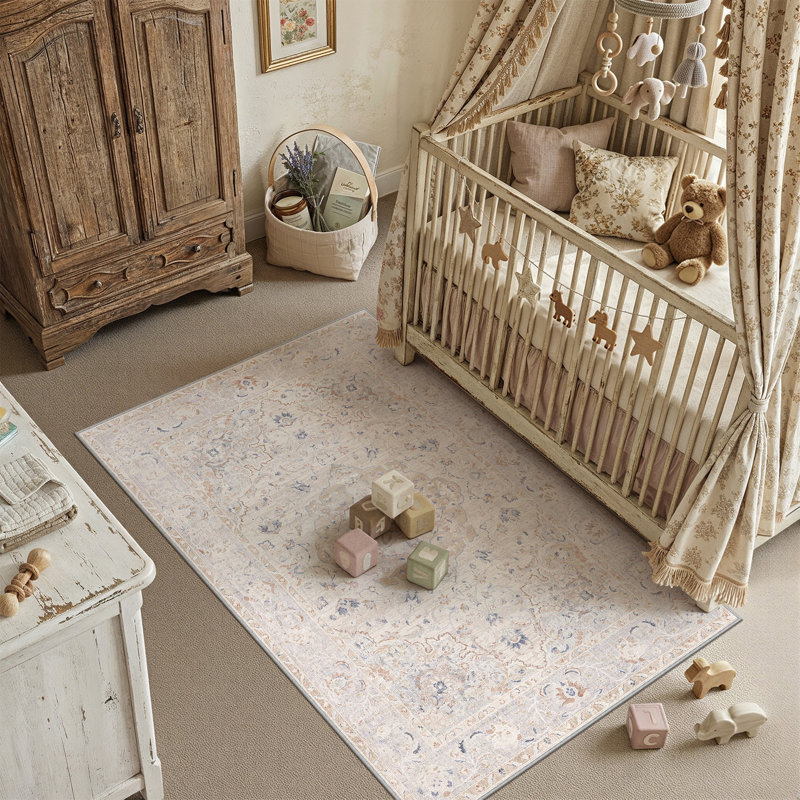 Tapis persan rétro Velora avec lavable à la machine et antidérapant, Beige, Rectangle 3 pi x 5 pi