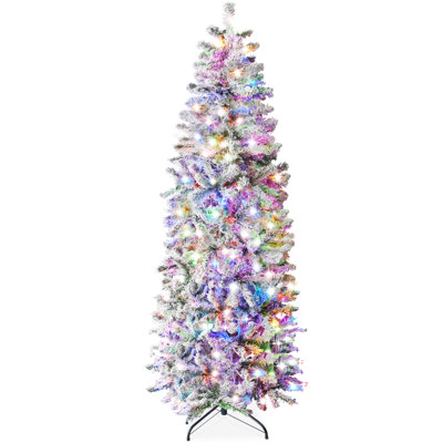 Pre-Lit Artificial Snow Flocked Pencil Christmas Tree Decoration w/ Multicolor Lights