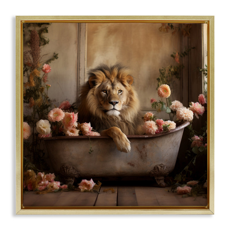 Lion dans une baignoire remplie de fleurs, Cadre flottant métallique doré, H 25 po x l 25 po