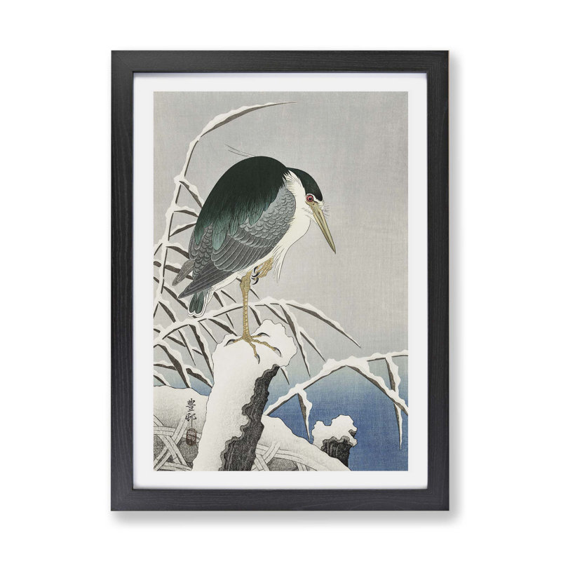 A Heron in The Snow by Ohara Koson - Framed Print, 45cm H x 63cm W x 2cm D, Black Framed Paper