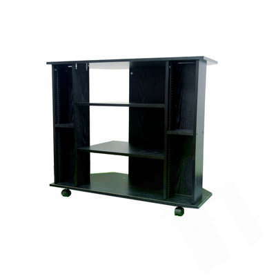 Meuble télé compact en bois avec conception en coin, rangement peu encombrant pour téléviseurs et composants multimédias.