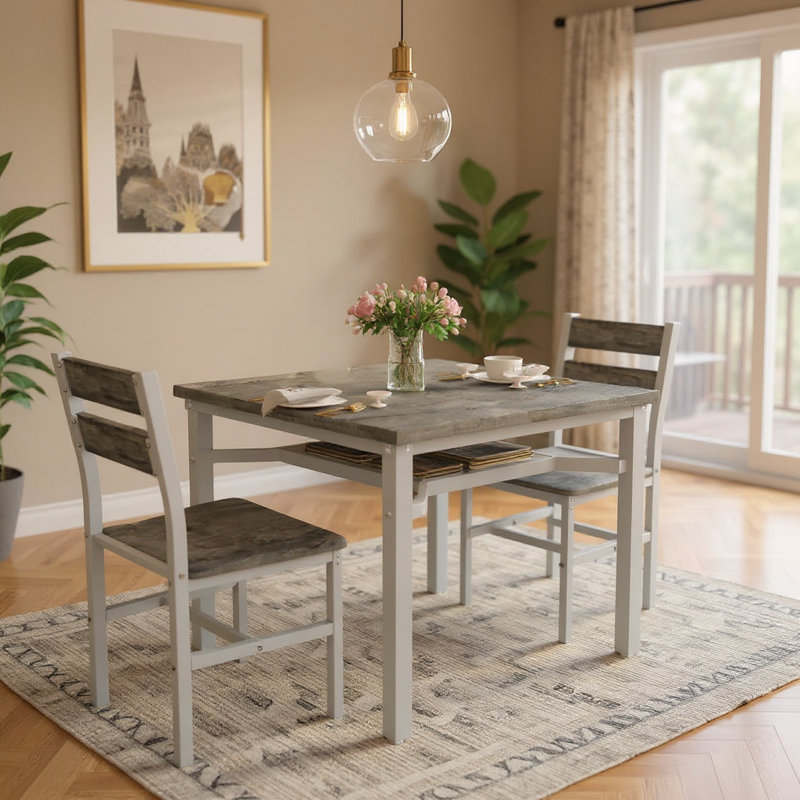 3 Piece Square Bar Table And Chairs Set, Space Saving Design Dining Table Set With Storage Shelf, Small Kitchen Table Set Of 3, With Particle Board Table Top And Metal Frame