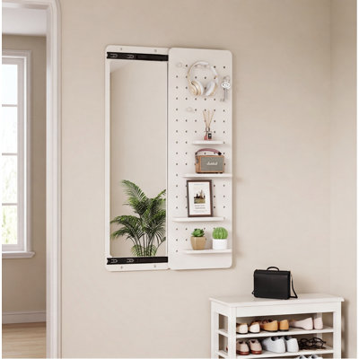 Miroir mural blanc 47,6 x 15,7 po avec panneau coulissant, panneau de rangement en bois d'hévéa massif pour chambre à coucher, salon, entrée