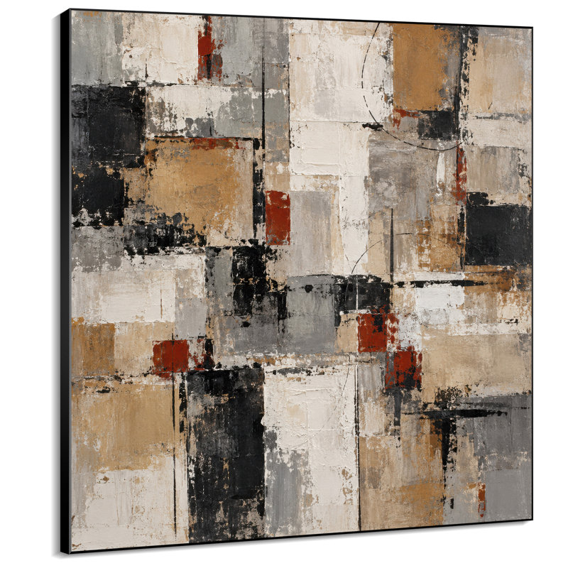 Extra Large Wall Art Fabric Print - Beige Black Grey and Rust Geometric Blocks for Living Room or Bedroom - "Frame Assembly Required (Unfinished Frame)"