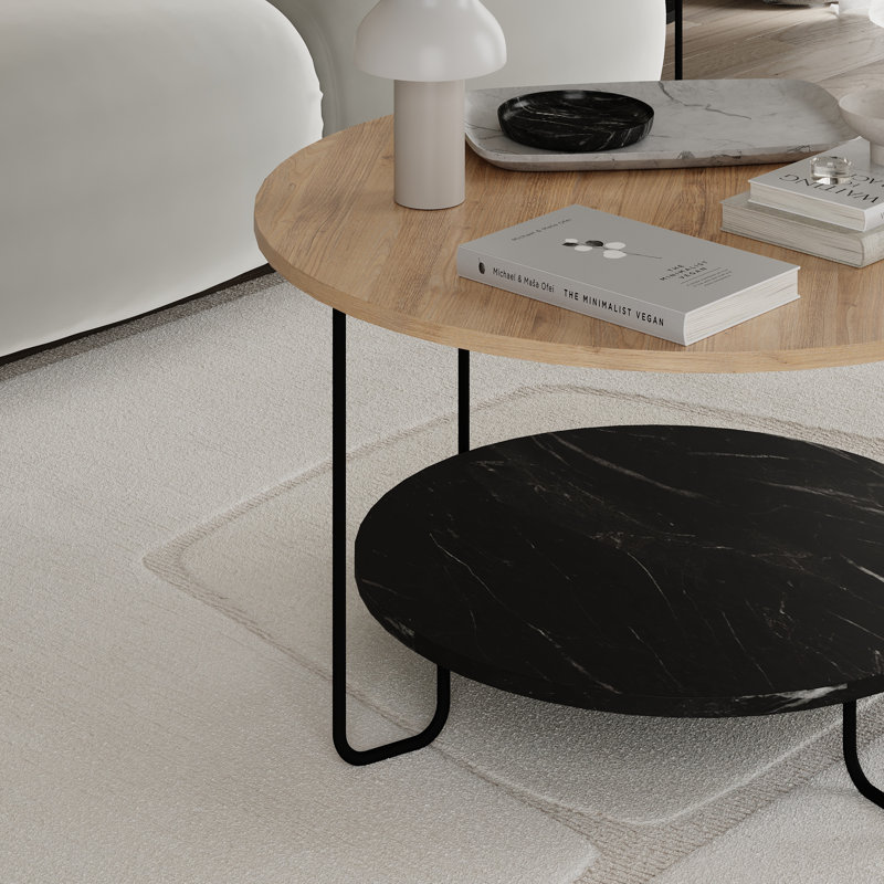 Corro Round Coffee Table with Storage Shelf, Oak Wood/Black