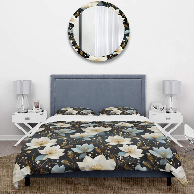 Ensemble de housse de couette à motif floral élégant ivoire, Housse de couette pour très grand lit et 2 très