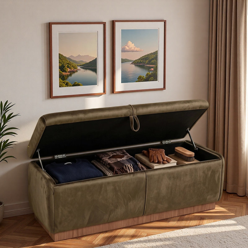 Banc moderne avec repose-pieds rembourré avec compartiment de rangement dissimulé, plateau rabattable et base en bois naturel