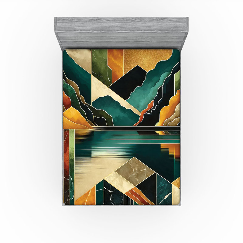 Drap-housse moderne Ambesonne Mid Century_ Lake Mountains_ Bleu sarcelle foncé gingembre, Drap-housse de taille très grand