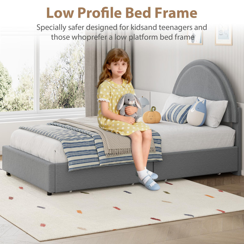 Base de lit tapissier grand format avec tête de lit ronde et 2 tiroirs de rangement, lattes en bois, silencieux, sans sommier tapissier, gris