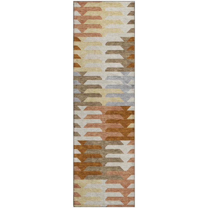 Premium Machine Washable Mayfield AMF2328 Geometric Rug, 2'3" x 7'6" Runner, Copper