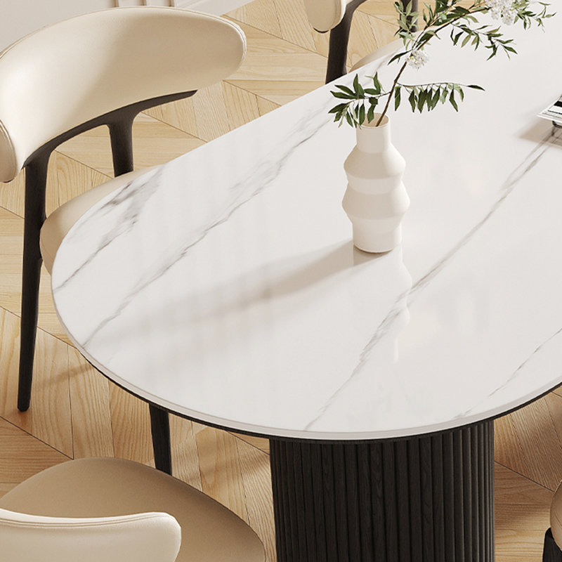 71" Mid Century Dining Table with Glossy Stone Tabletop, Rectangular  Kitchen Table with Solid Wood Double Pedestal for 6