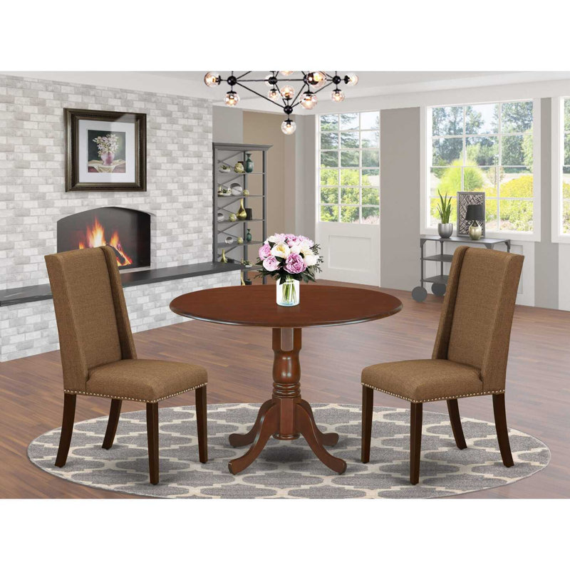 3 Piece Dining Set Contains a Round Dining Room Table with Dropleaf and 2 Brown Linen Fabric Upholstered Parson Chairs, Mahogany