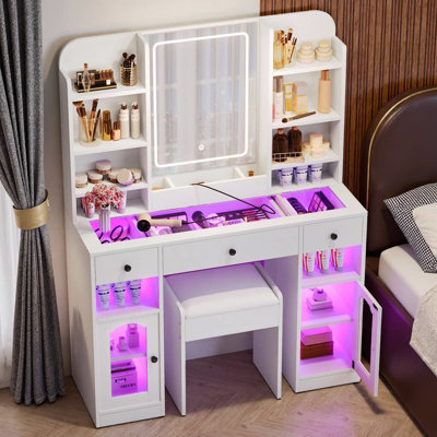 43.2" Vanity Desk with RGB LED Mirror & Glass Light Cabinets | Glass Top Dressing Table with 3 Drawers, Storage Shelves & Stool | Smart App‑Controlled Mood Lighting