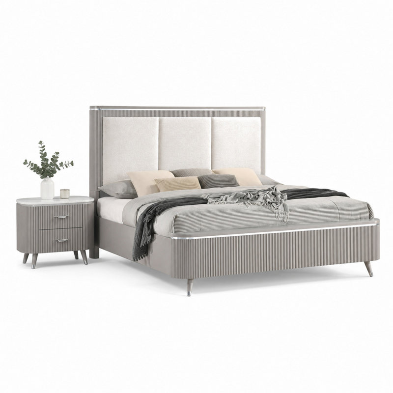 Ensemble de chambre pour grand lit, gris clair, argent, blanc, bois chromé, ensemble de 2 pièces avec table de chevet