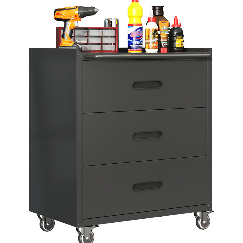 Armoire en métal robuste avec 3 tiroirs et roulettes - garage, bureau, maison. Acier robuste, noir. 360 rotatif. Compartiments de rangement spacieux. Roues pivotantes de 160 lb à tiroir supérieur. Rangement.