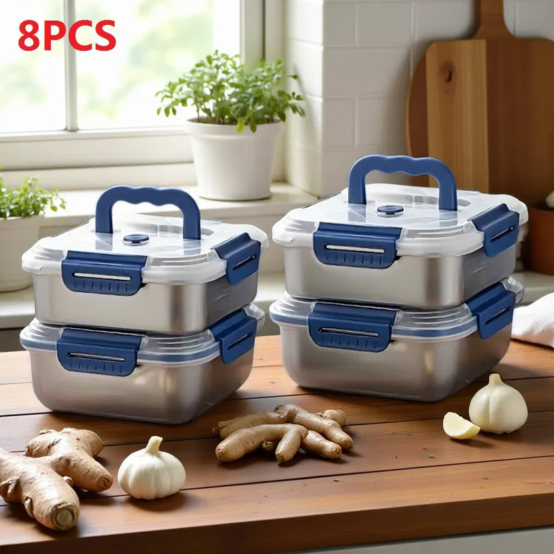 Contenant alimentaire très grand en acier inoxydable avec couvercles bleus - conception profonde, joint hermétique, parfait pour l'organisation du réfrigérateur, la préparation des repas, les boîtes à lunch et le garde-manger