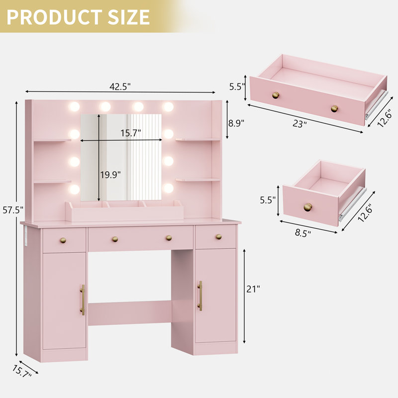 Meuble-lavabo 43,7 po de style ferme avec miroir lumineux et prise de courant, 3 tiroirs, Rose, Mirror