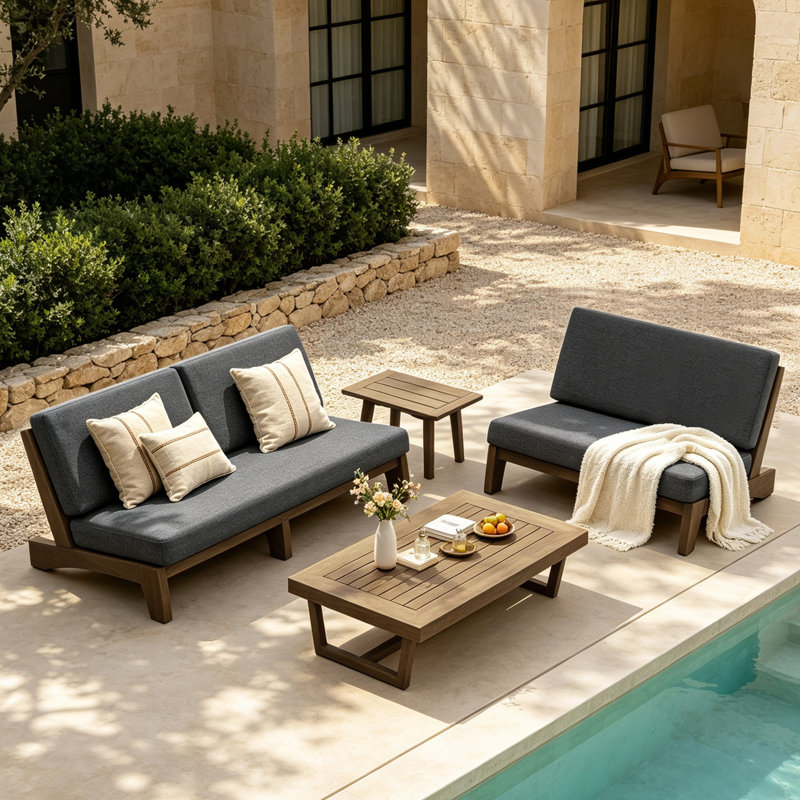 Ensemble de conversation Polett, 4 Pcs: 2 Tables, Loveseat, Sofa, Gris foncé, Brown