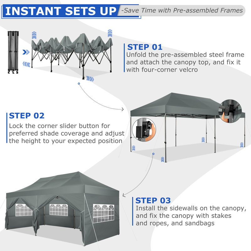 Gray Heavy Duty 10' x 20' Pop Up Canopy Tent with Removable Sidewalls