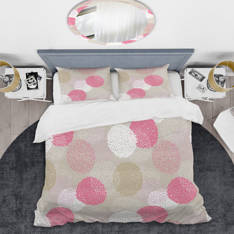 Motif de cercle rose et crème - Ensemble de housse de couette abstrait - Microfibre de polyester