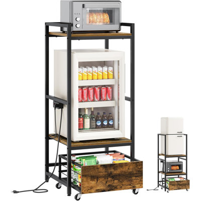 Mini Fridge Stand with Movable Drawer, Microwave Stand with Power Outlet, Mini Fridge Shelf with Adjustable Shelves, Kitchen Bakers Rack for Dorm, Dining Room, Home