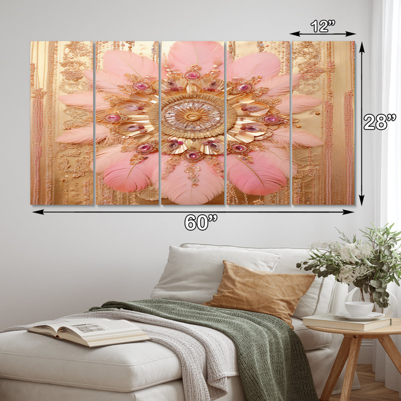 Boho Glam rose et or Dreamcatcher - impression sur toile de plumes - 5 panneaux égaux