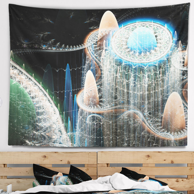 Tapisserie monde abstrait en fractale bleu, H 68 po x l 80 po