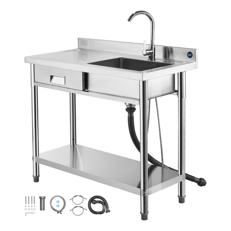 Évier utilitaire en acier inoxydable de qualité commerciale avec robinet, tiroir et tablette réglable - Station de lavage de cuisine autoportante certifiée NSF