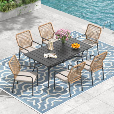 6-Person Patio Dining Set with Rectangular Dining Table and Cushioned Stackable Rattan Chairs
