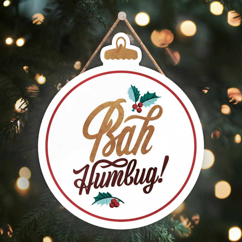 Xmas Bah Humbug Holly Wooden Bauble Plaque