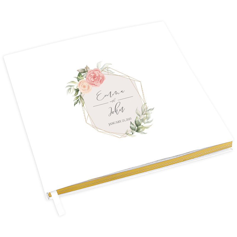 Livre d'or de mariage personnalisé, fleurs géométriques roses et corail blanches, Oui