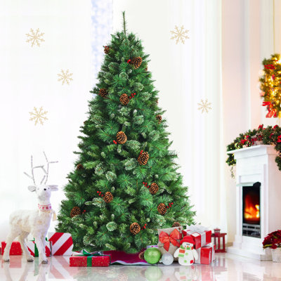 Arbre de Noël artificiel articulé en PVC 7 pieds avec baies rouges et pommes de pin