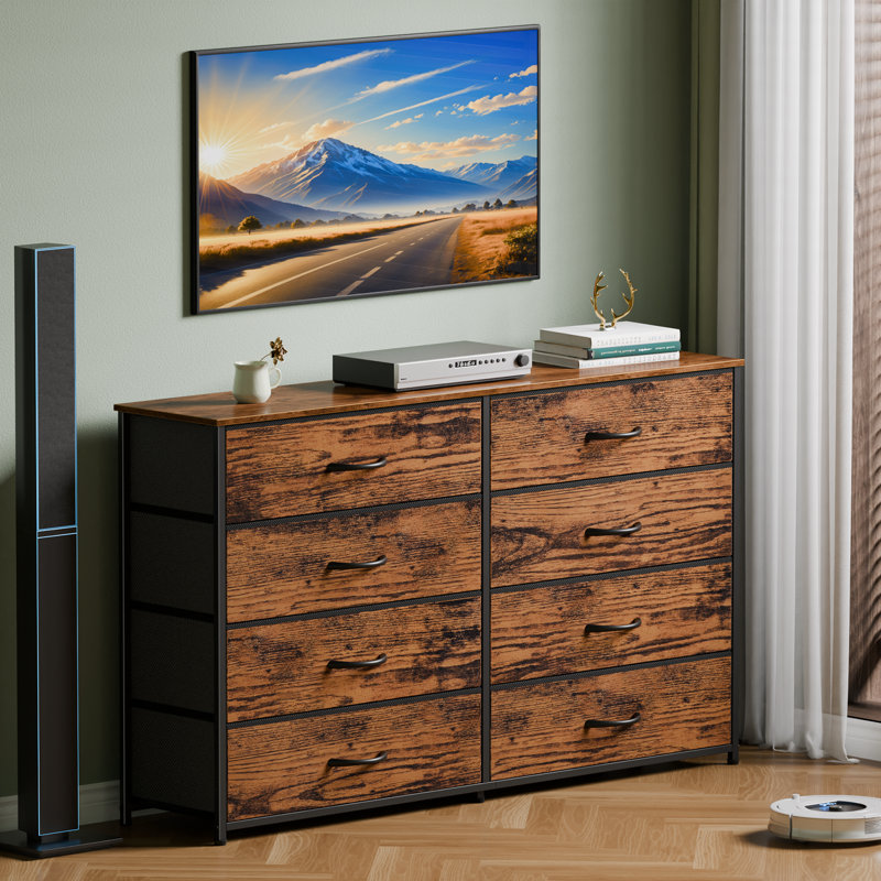 8-Drawer Fabric Dresser with Wood Top, Storage Chest, Rustic Brown