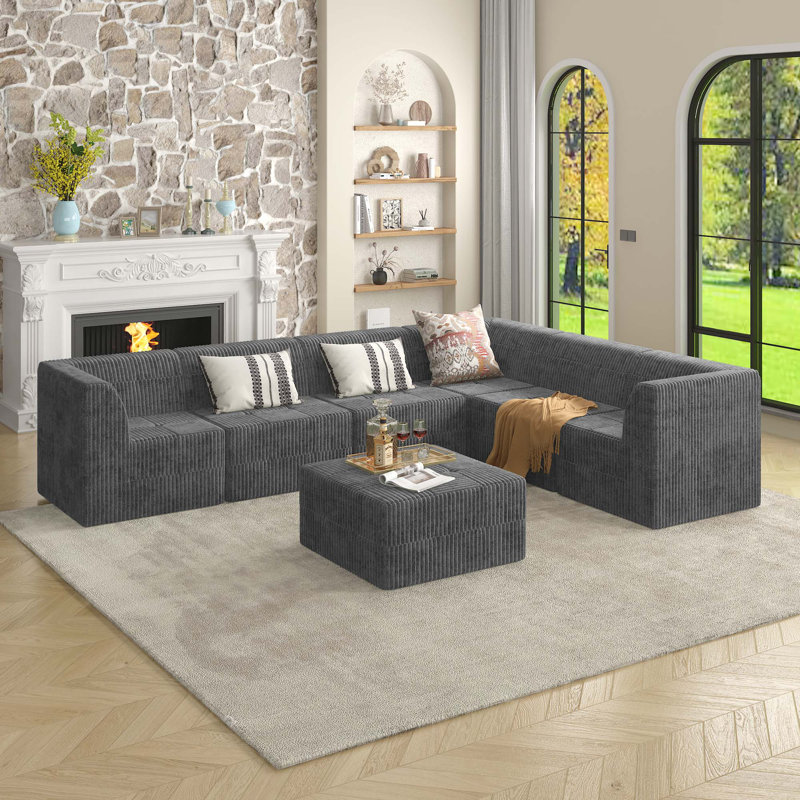 Canapé modulaire Boneless L, Velours côtelé gris