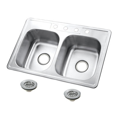 Kingston Brass Studio 33-Inch Stainless Steel Self-Rimming Double Bowl Drop-In Kitchen Sink With 4-Hole Drain And Strainer