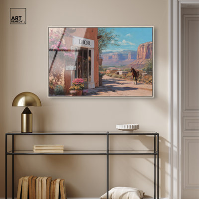 "Blossoming Western Storefront", reproduction d'art acrylique encadrée par Art Remedy, cadre argenté, 36 x 24