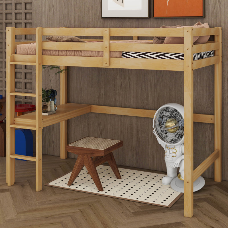 Keean Twin High Loft Bed, Rubber Wood Loft Bed With Safety Guardrail, Built-In Desk, Ladder, White Oak